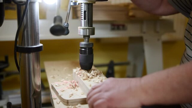 Active Workshop Environment Showing Drill Press Carving Into Wood With Dust And Chips Flying Throughout. Media
