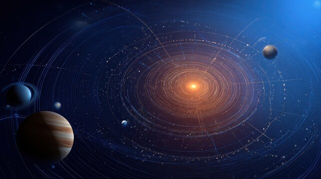 Celestial alignment planetary motion concept of balance and destiny copy space universal order theme futuristic silhouette orbital path backdrop. 