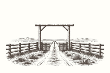 Naklejka premium Detailed etching style vector illustration of a wooden farm gate opening to a long road leading toward distant mountains in a vast ranch landscape.