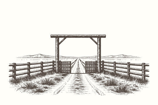 Detailed etching style vector illustration of a wooden farm gate opening to a long road leading toward distant mountains in a vast ranch landscape.