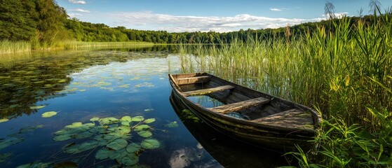 Obraz premium Rustic Rowboat on Serene Forest Lake. 