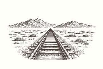 Fototapeta premium Classic woodcut vector illustration of a railway track perspective leading toward high mountain peaks in a vast and desolate desert environment.