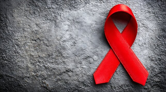 World AIDS Day Stigma Development Red Ribbon on Textured Gray Surface Symbolizing Awareness and Support for Health Causes