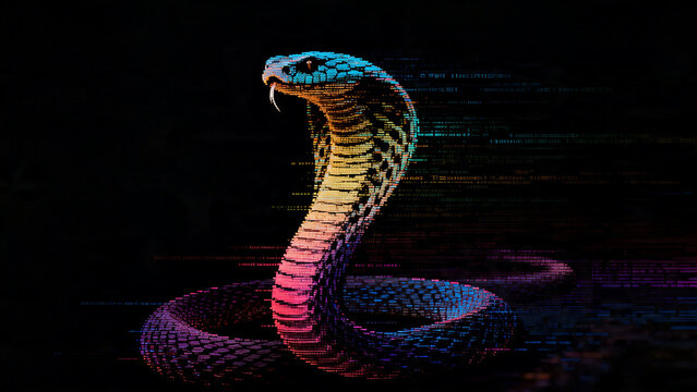 Cyber neon cobra constructed from glowing digital binary code