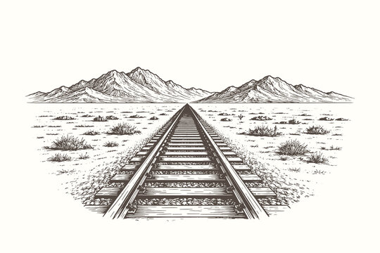 Classic woodcut vector illustration of a railway track perspective leading toward high mountain peaks in a vast and desolate desert environment.