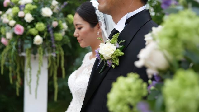 Bride and groom in profile, adorned with white rose boutonniere and floral arrangements