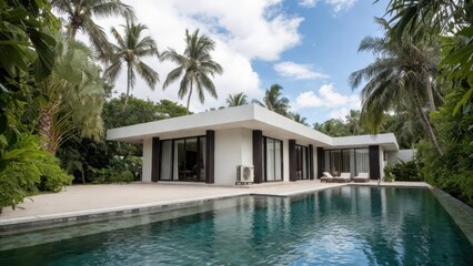 Fototapeta premium Modern tropical villa with infinity pool and palm trees under a blue sky