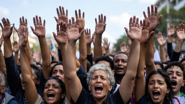 Diverse crowd with raised hands and open mouths, expressing strong emotion in a protest