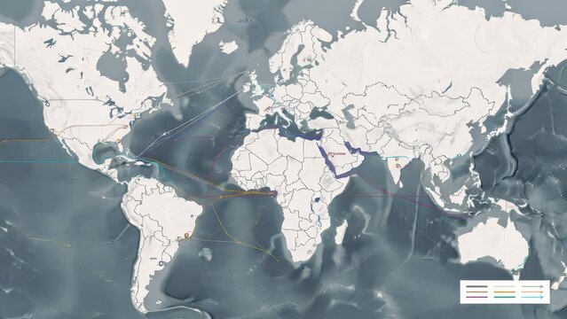 Global undersea fiber optic cable map with diverse colored lines connecting continents