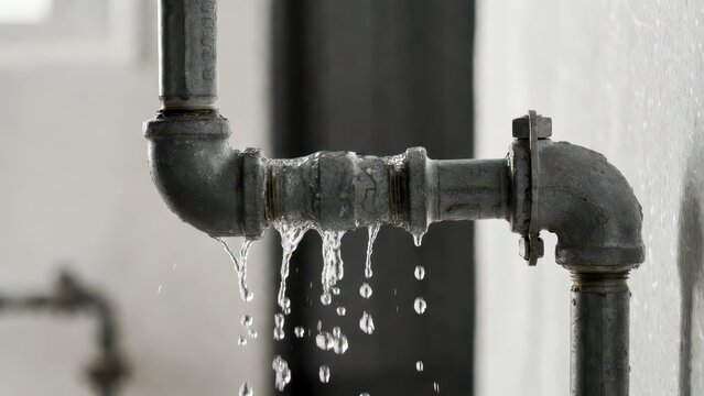 Leaking pipe with water dripping, close-up shot of plumbing, industrial background