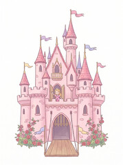 Fototapeta premium Fairytale pink castle for the princess. Isolated on a white background. 
