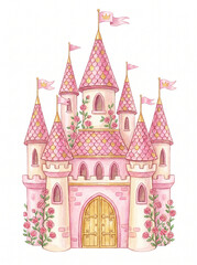 Naklejka premium Fairytale pink castle for the princess. Isolated on a white background. 