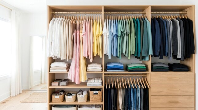 A well-organized closet with a variety of clothing items, including shirts and sweaters, neatly arranged on shelves and hangers.