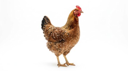 Fototapeta premium A brown chicken with a red comb and wattles standing on a white background.