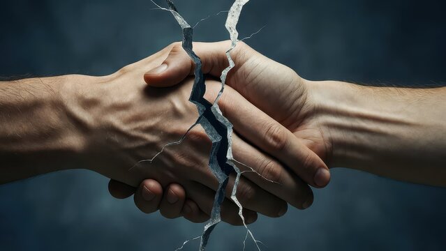 Broken handshake symbolizing the end of a partnership, trust, or agreement, with cracks.
