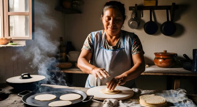 Mexican woman making traditional tortillas in rustic kitchen