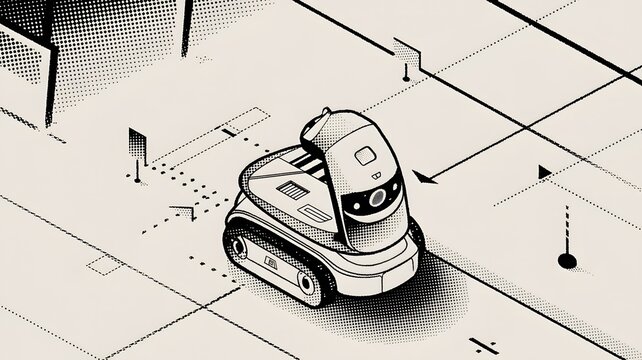Futuristic delivery robot navigating through a gridbased urban environment illustration