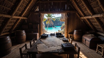 Fototapeta premium Pirate's tropical hideout with treasure maps and a view of a secluded beach