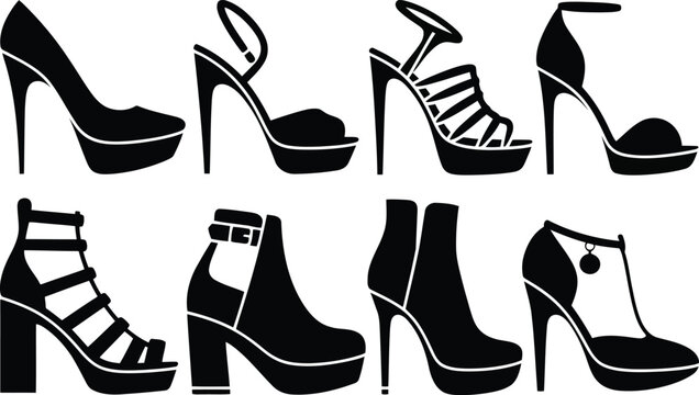 Collection of elegant high heel shoe silhouettes for fashion accessories and footwear retail store designs