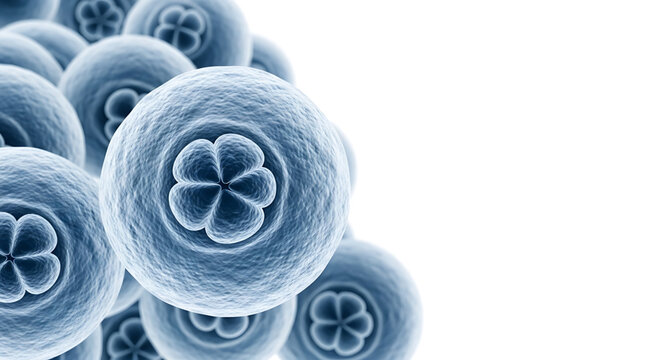 A detailed illustration of blue cells with a flower-like design in the center, set against a white background.