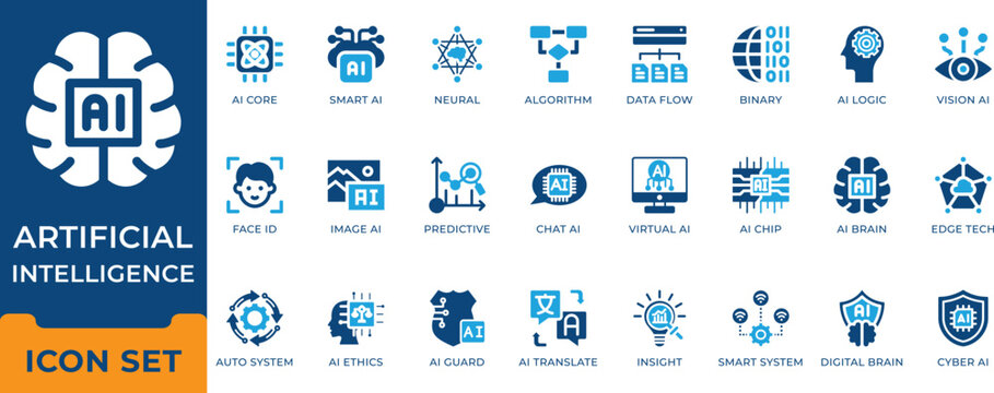 Artificial intelligence and machine learning icon set. Neural network, algorithm, face recognition, chatbot, predictive analytics, digital brain and smart AI vector symbols.