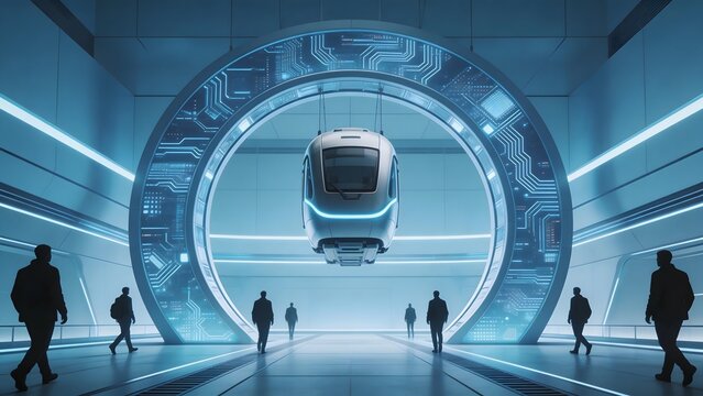 Futuristic train station with people
