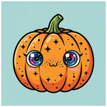 Cartoon pumpkin with big eyes smiling.