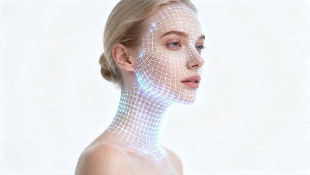 Woman face covered with glowing tech grid, intelligent beauty scan
