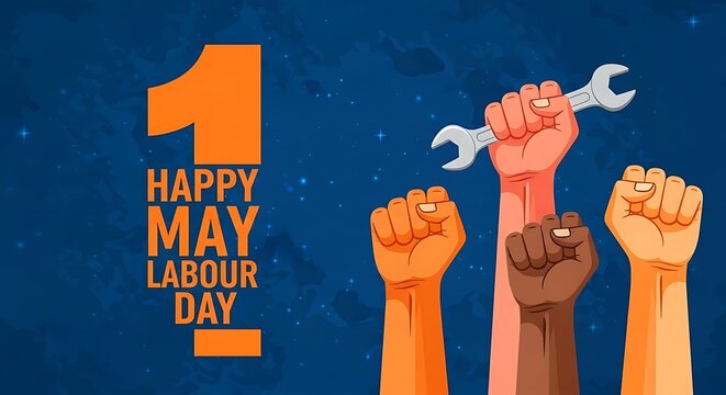 Happy may day celebrating workers and labor with raised fists