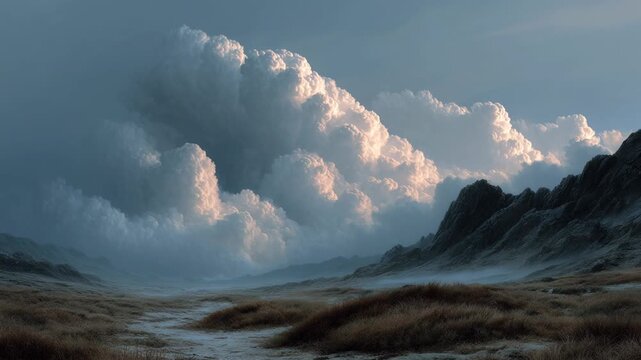 Alien planet landscape with towering white clouds under stormy blue sky, rugged rocky mountains, and misty brownish plains