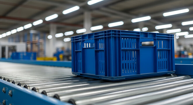 Logistics Warehouse Roller Conveyor with Blue Crate. A durable blue plastic industrial crate moving along a automated roller conveyor system in a distribution center.