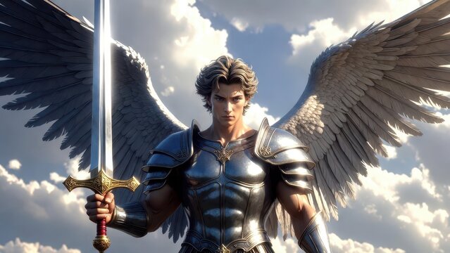 Majestic Angel Warrior with Sword and Wings, Facing Forward Against a Cloudy Sky