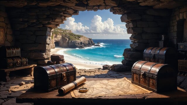 Pirate's treasure cave overlooking a tropical beach with chests, map, and compass