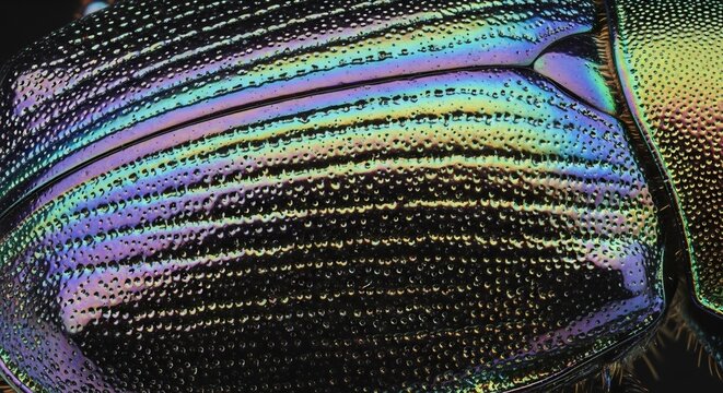 Macro Photograph of a Jewel Beetle Elytra Showing Iridescent Rainbow Colors.
