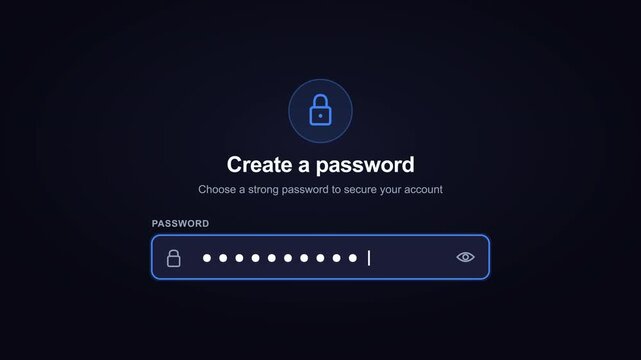 Login cybersecurity concept: Entering a strong password on a dark blue UI.