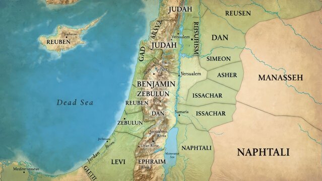 Ancient Map of the Twelve Tribes of Israel, Holy Land, Jordan River, Dead Sea, Mediterranean