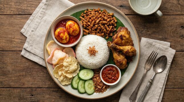 Traditional Indonesian fried rice meal with crispy chicken satay, hard-boiled eggs in spicy sambal sauce, crackling fried tempeh, cucumber slices, and krupuk on rustic wooden table with natural