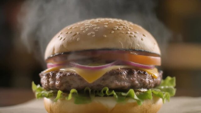 Sizzling hot and fresh classic beef burger with melted cheese, crisp lettuce, and fresh-cut onions on a toasted sesame bun, a perfect satisfying meal