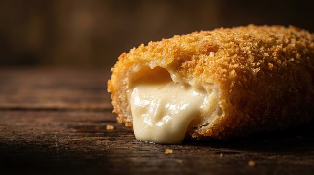 Golden crusted fried pastry with melted white cheese filling oozing out on dark wooden rustic table, closeup food photography, delicious snack dessert concept, warm appetizing texture