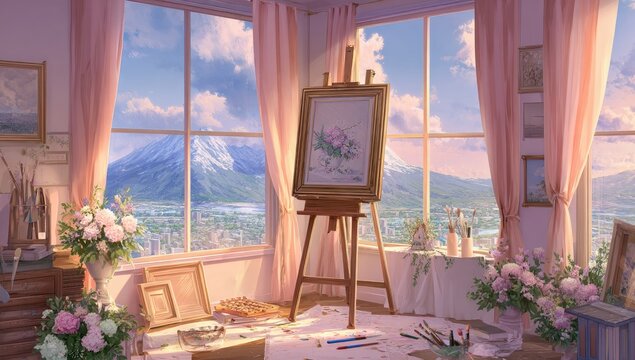 Sunny art studio with mountain view, easel, flowers, soft light