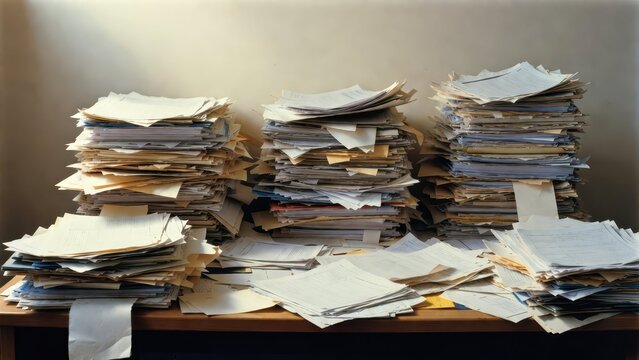 Piles of documents and papers stacked high on a wooden desk, creating a sense of overwhelm.
