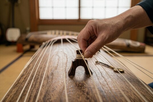Hand adjusting string on Japanese Koto instrument