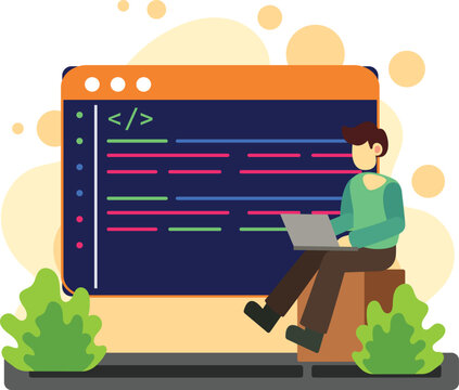 Man coding software on laptop with interface illustration