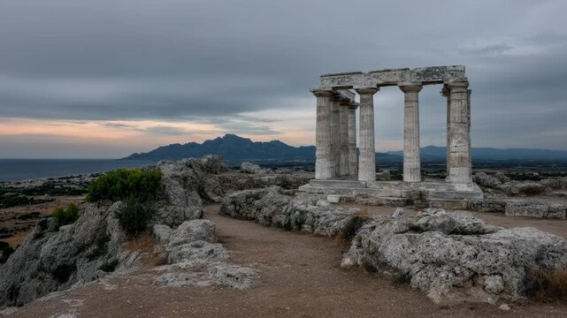 Ancient Greek temple ruins on rocky cliffside overlooking sea and mountains. Historic Doric columns in Mediterranean landscape. Timeless archaeological site evoking classical antiquity history.