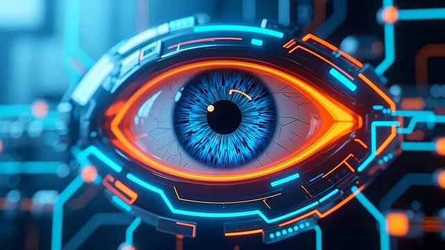 Glowing blue eye with circuit patterns