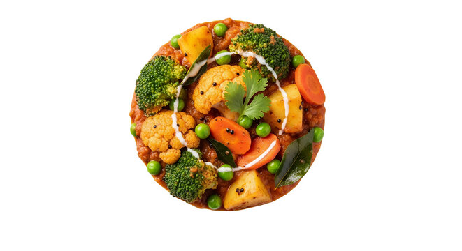 Healthy Mixed Vegetable Curry Dish with Broccoli Cauliflower and Carrot Isolated on White Background