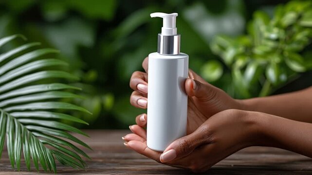 Close up of hands holding a white cosmetic pump bottle in a lush green tropical garden.