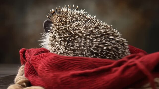 Cute hedgehog sleeping peacefully on a cozy red knitted blanket next to a steaming cup of coffee.