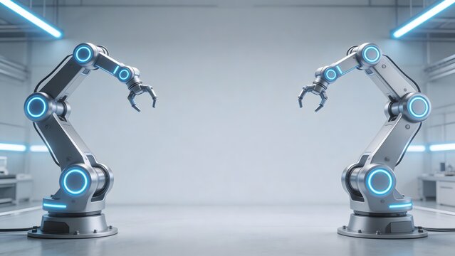 Two robotic arms in a futuristic setting