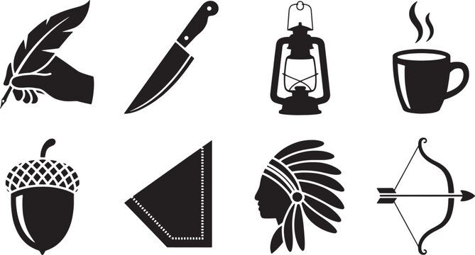Collection of eight black and white silhouette representing writing a quill pen knife lantern coffee cup acorn native american headdress and bow and